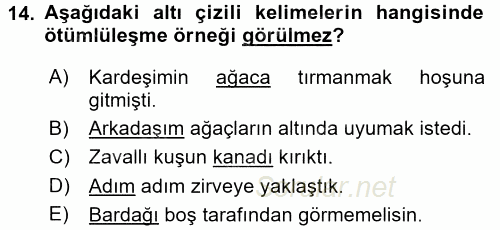 Türkçe Biçim Bilgisi 2017 - 2018 Ara Sınavı 14.Soru