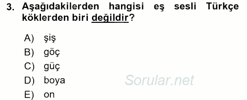 Türkçe Biçim Bilgisi 2017 - 2018 Ara Sınavı 3.Soru