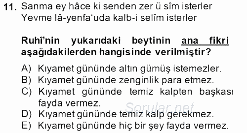 XVI. Yüzyıl Türk Edebiyatı 2013 - 2014 Tek Ders Sınavı 11.Soru