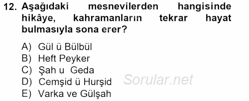 XVI. Yüzyıl Türk Edebiyatı 2013 - 2014 Tek Ders Sınavı 12.Soru