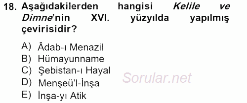 XVI. Yüzyıl Türk Edebiyatı 2013 - 2014 Tek Ders Sınavı 18.Soru