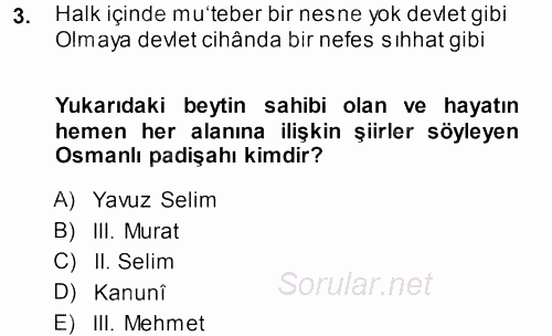 XVI. Yüzyıl Türk Edebiyatı 2013 - 2014 Tek Ders Sınavı 3.Soru