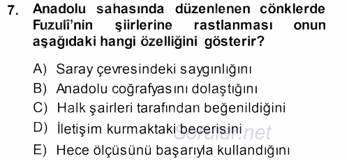 XVI. Yüzyıl Türk Edebiyatı 2013 - 2014 Tek Ders Sınavı 7.Soru