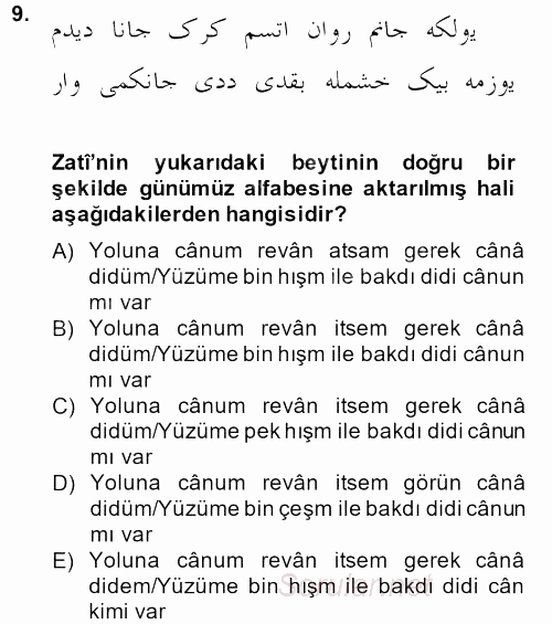 XVI. Yüzyıl Türk Edebiyatı 2013 - 2014 Tek Ders Sınavı 9.Soru