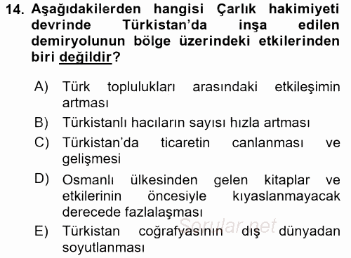 XIX. Yüzyıl Türk Dünyası 2016 - 2017 Dönem Sonu Sınavı 14.Soru