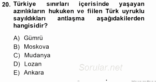 Atatürk İlkeleri Ve İnkılap Tarihi 1 2013 - 2014 Tek Ders Sınavı 20.Soru