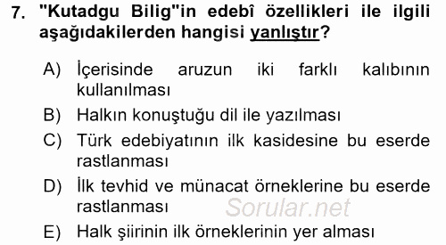 VIII-XIII. Yüzyıllar Türk Edebiyatı 2017 - 2018 Ara Sınavı 7.Soru