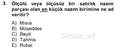 Türk İslam Edebiyatı 2014 - 2015 Tek Ders Sınavı 3.Soru